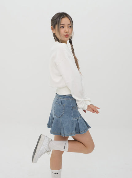 Denim Hem Pleated Mini Skirt