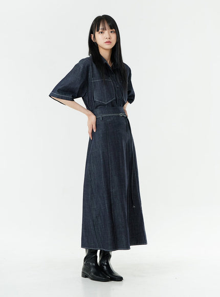 Stitch Denim Set-Up Long Skirt with Belt OG23