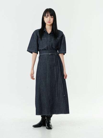 Stitch Denim Set-Up Long Skirt with Belt OG23