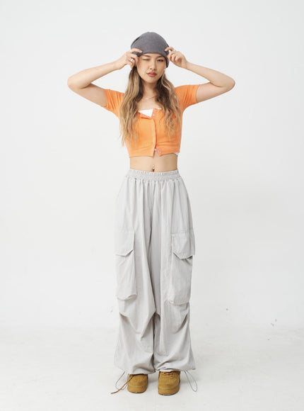 Drawstring Hem Long Wide Cargo Pants CJ21