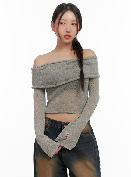 ripped-mesh-off-shoulder-cropped-top-co404 / Beige