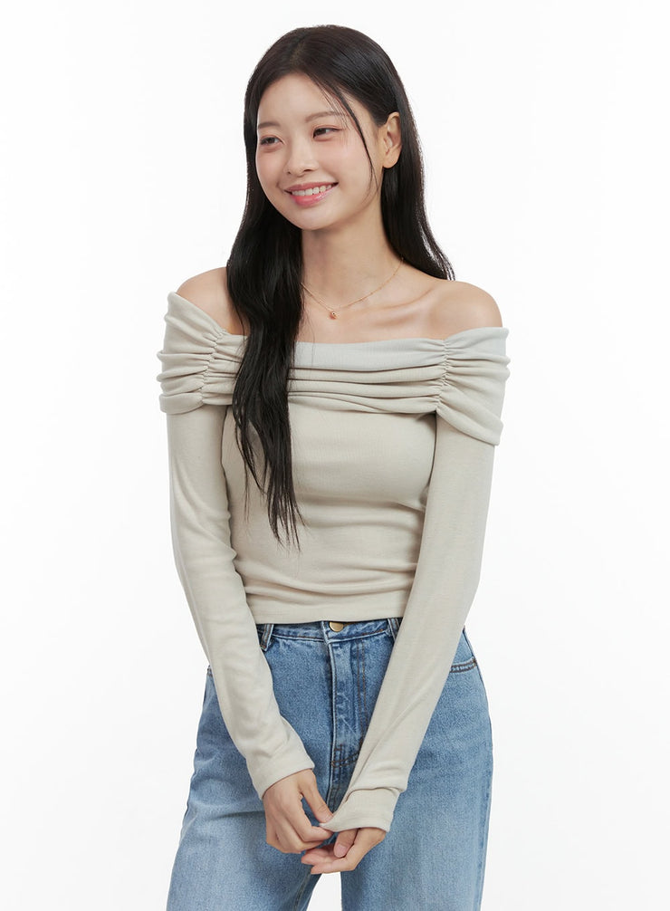 shirred-off-shoulder-long-sleeve-top-os423 / Beige