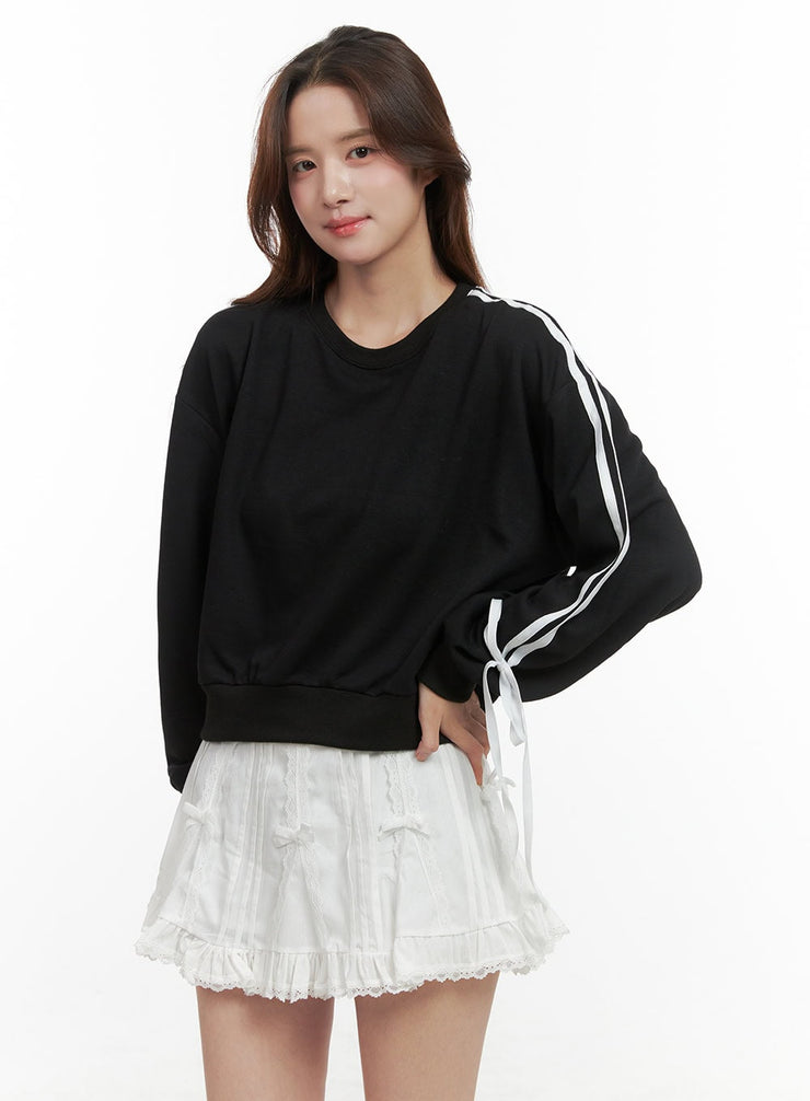 ribbon-lined-cotton-sweatshirt-oo421 / Black