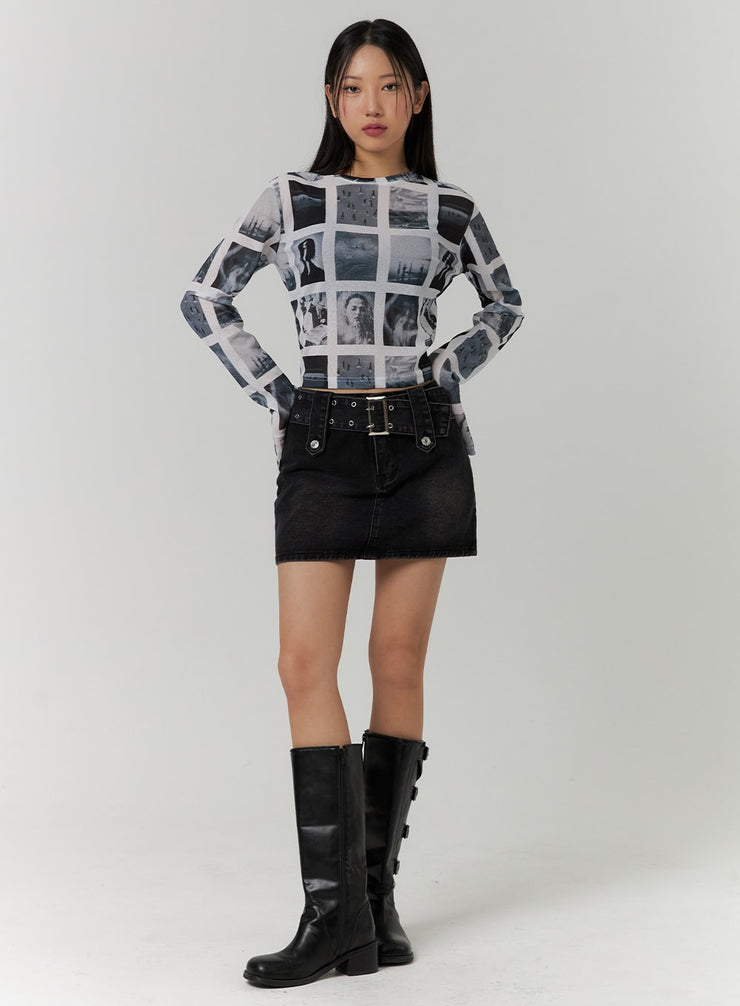 denim-mid-waist-belted-mini-skirt-cd315 / Black