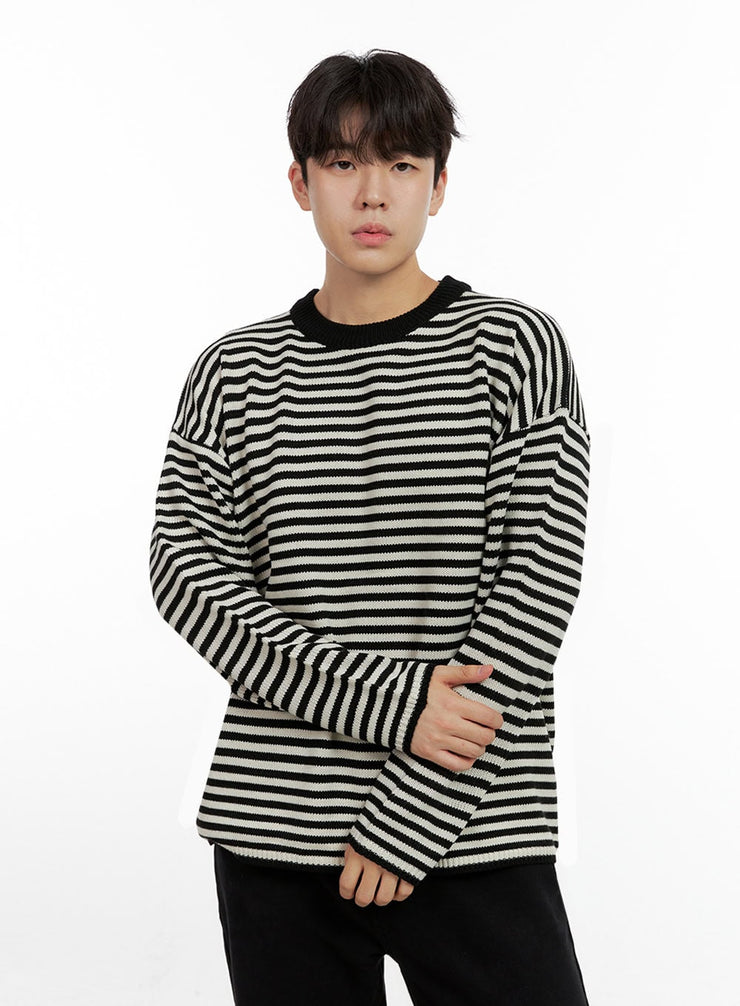 mens-acrylic-striped-long-sleeve-top-in422 / Black