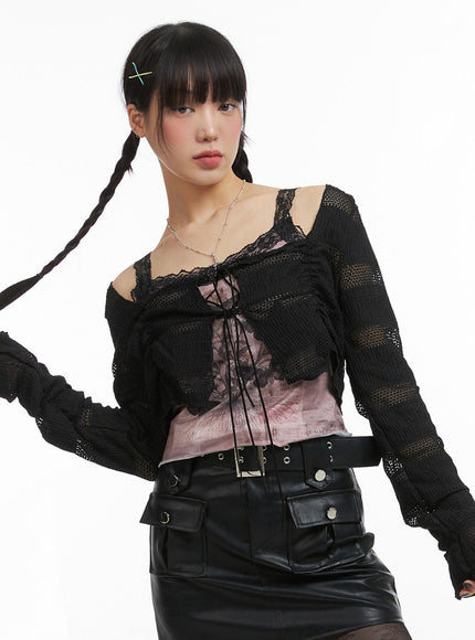 fairy-grunge-ribbon-tie-mesh-cardigan-ij410 / Black