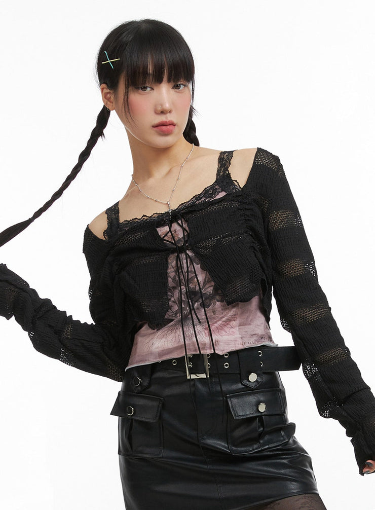 fairy-grunge-ribbon-tie-mesh-cardigan-ij410 / Black