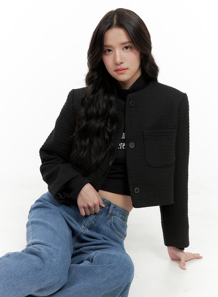 tweed-buttoned-crop-jacket-on404 / Black