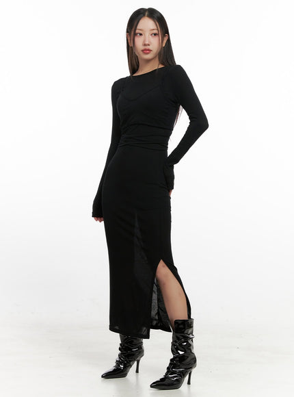 elegant-round-neck-long-sleeve-maxi-dress-cn419 / Black