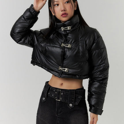 faux-leather-three-buckled-high-neck-puffer-jacket-cd315 / Black