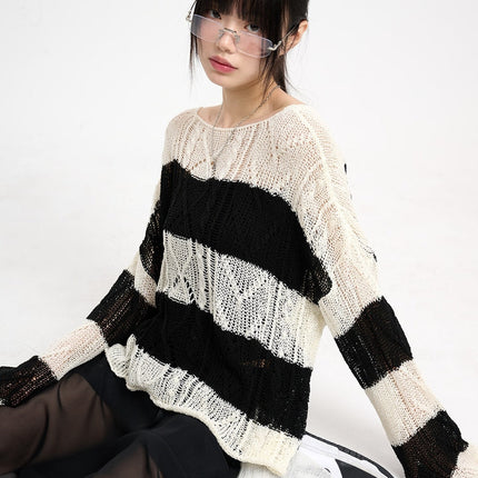 wool-blend-hollow-out-striped-knit-sweater-cm415 / Black