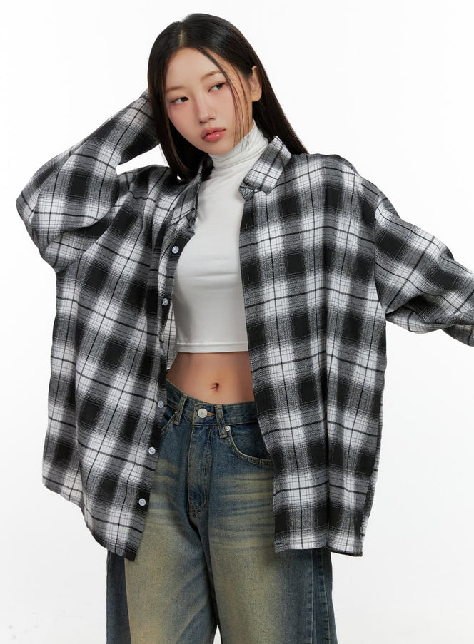 checkered-oversize-button-up-shirt-cn412 / Black