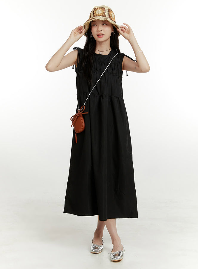 ribboned-shirred-maxi-dress-ou419 / Black