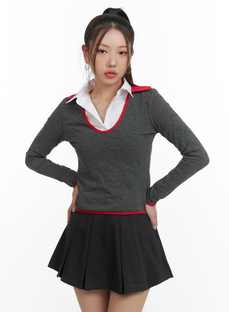 stripe-collar-long-sleeve-oa416 / Black