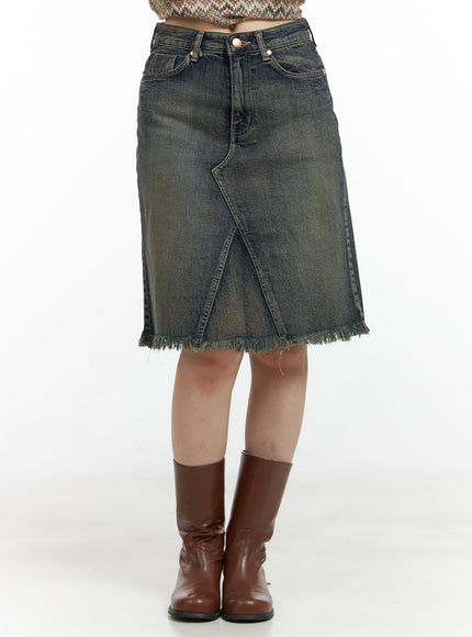 destroyed-hem-denim-midi-skirt-cl422 / Blue