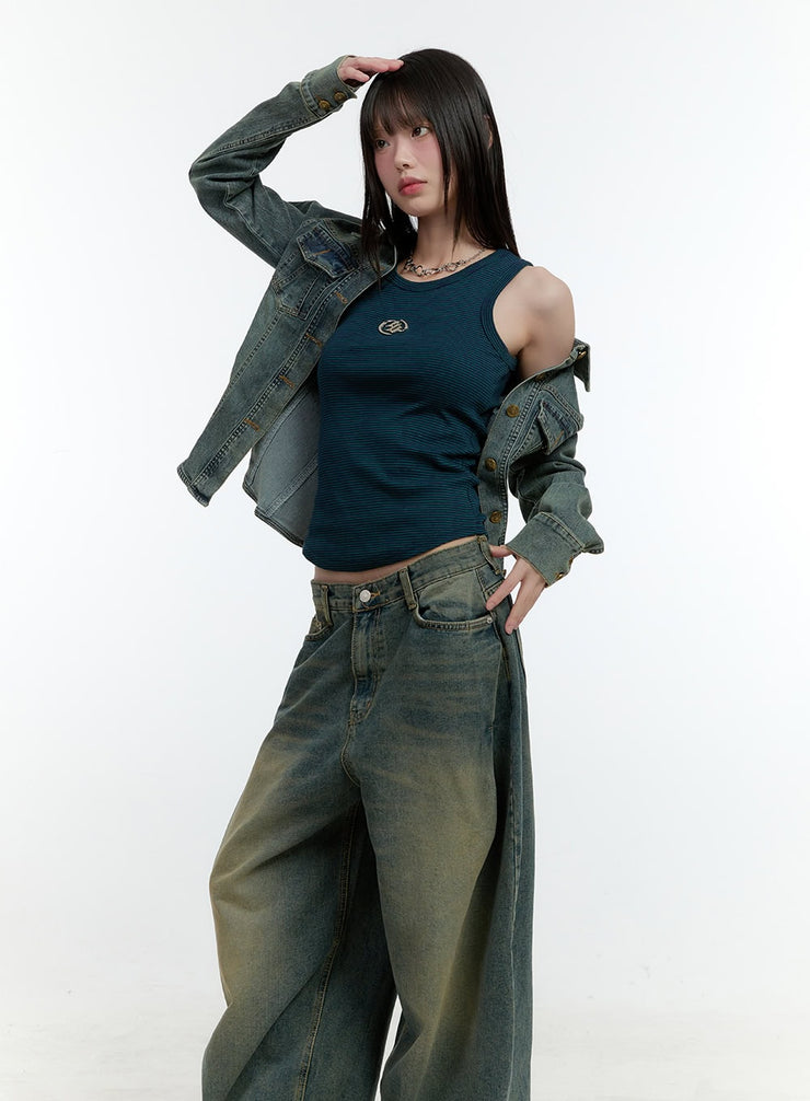 slim-fit-denim-buttoned-crop-jacket-cf506 / Blue
