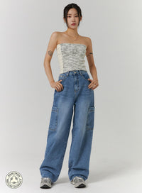 recycled-polyester-cargo-washed-wide-leg-jeans-cd314 / Blue