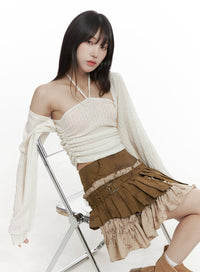 double-layer-skirt-with-belt-ca426 / Brown