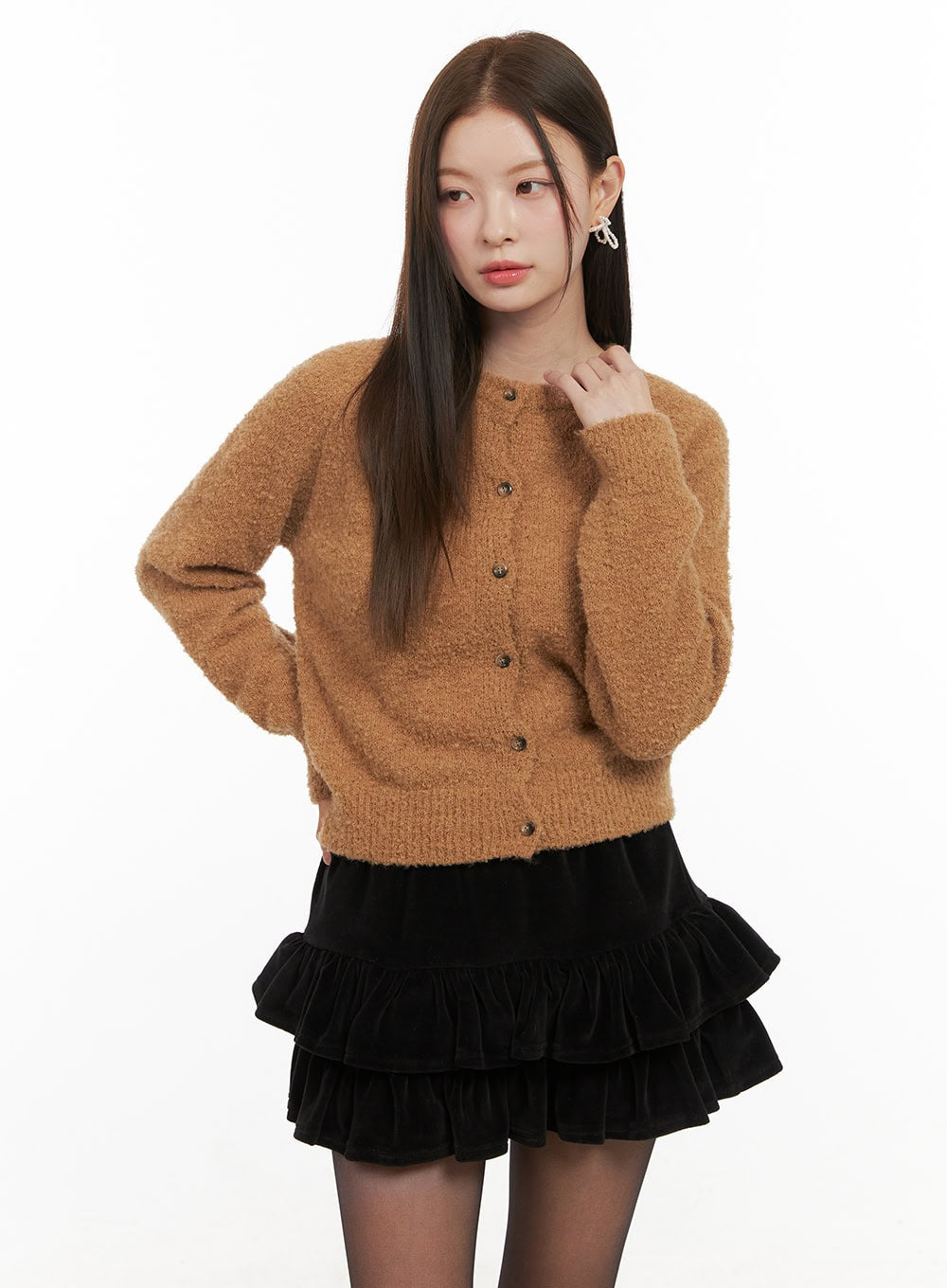 wool-blend-round-neck-cardigan-od412 / Dark beige