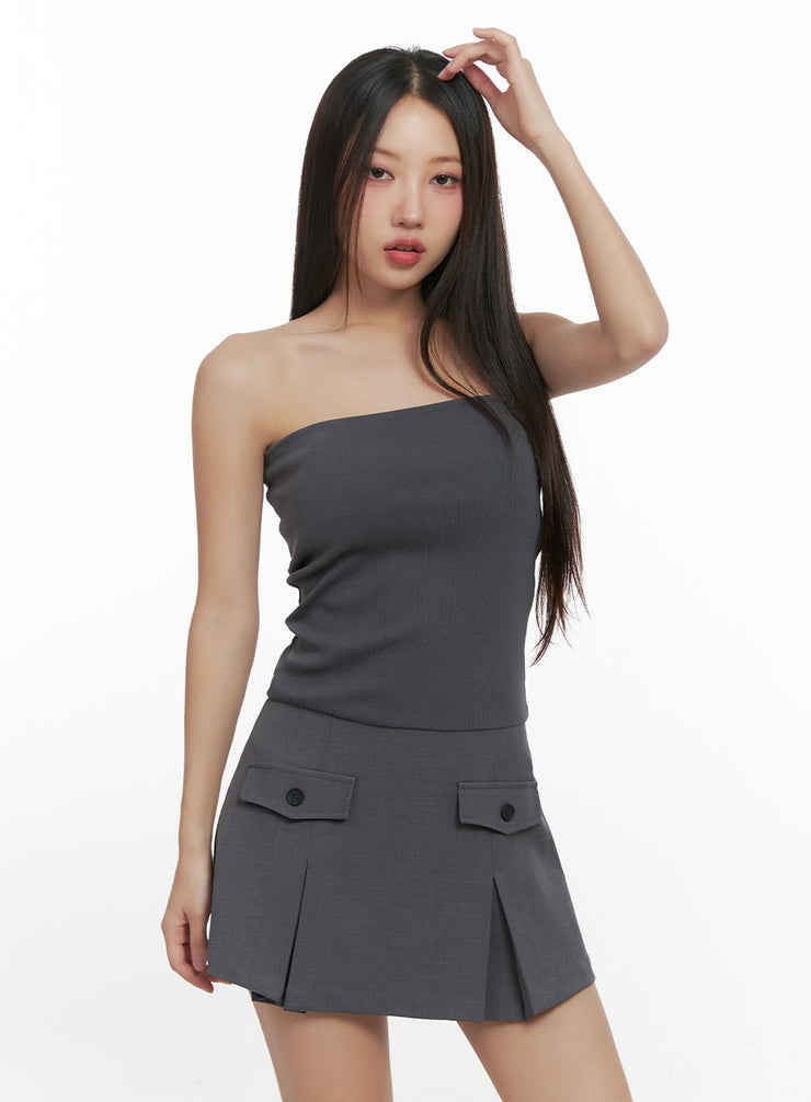 pocketed-pleated-tube-top-mini-dress-cn419 / Dark gray