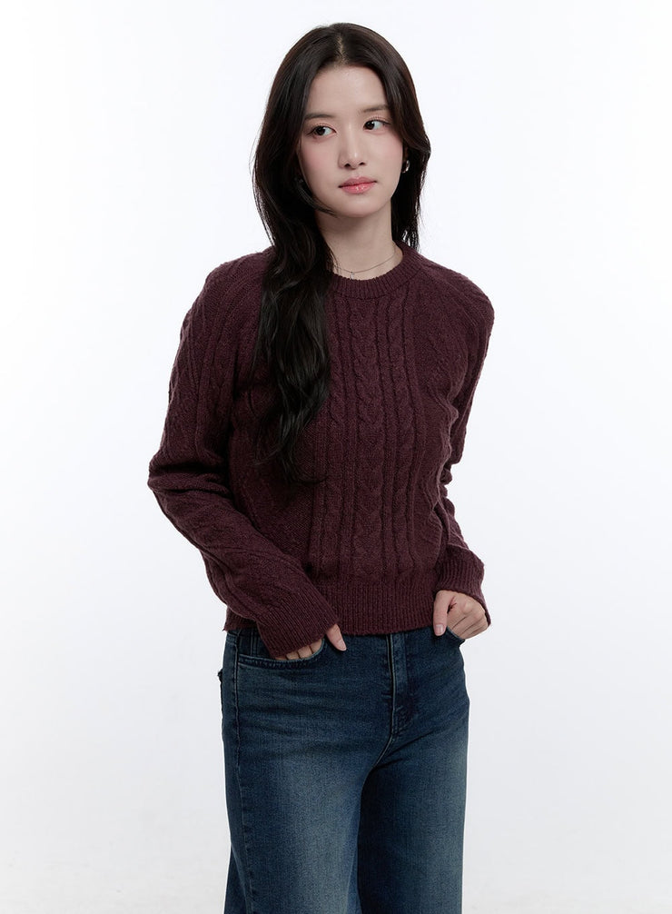 cable-knit-round-neck-sweater-on418 / Dark red