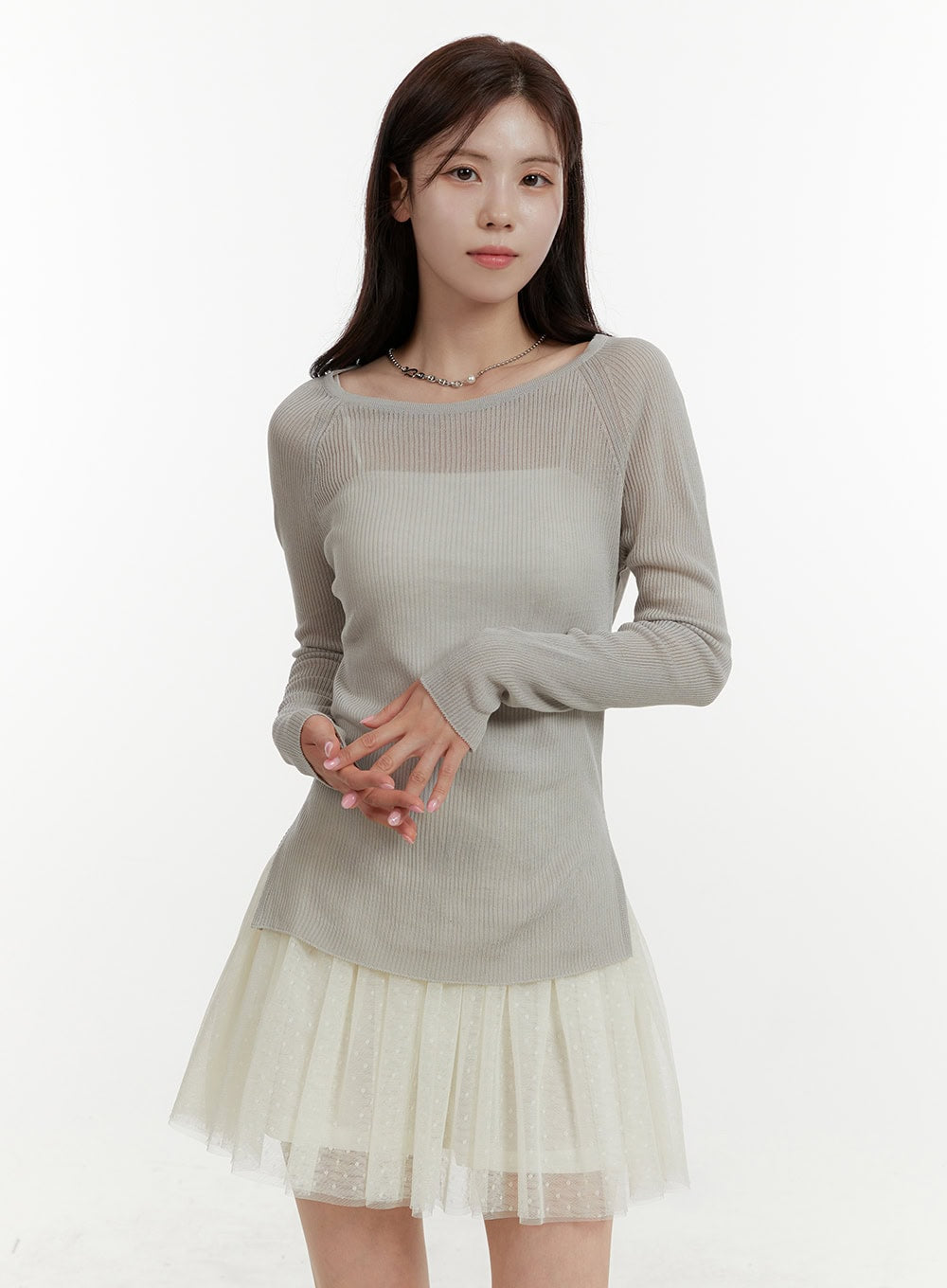 solid-knitted-long-sleeve-top-oy409 / Gray