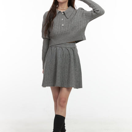 buttoned-collar-knit-skirt-set-oo421 / Gray