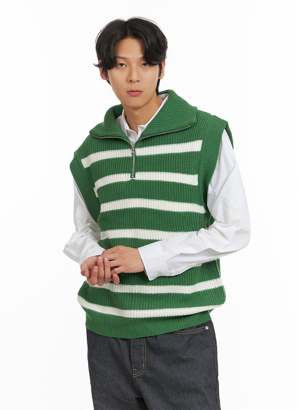 mens-half-zip-up-stripe-vest-iy424 / Green
