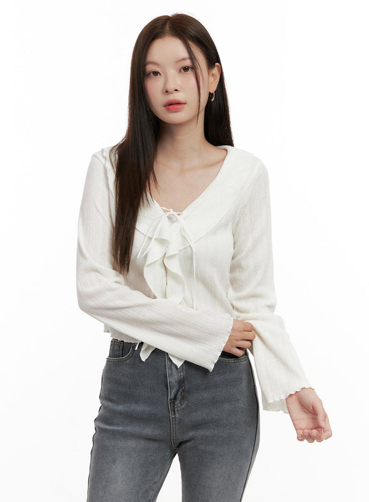 frill-strap-cropped-cardigan-on422 / Light beige