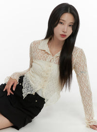 lace-solid-ruffle-hem-long-sleeve-blouse-cm427 / Light beige