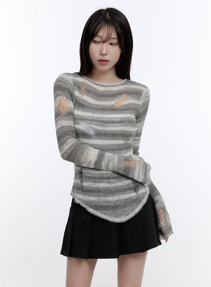 stripe-destroyed-long-sleeve-knit-top-co419 / Light gray