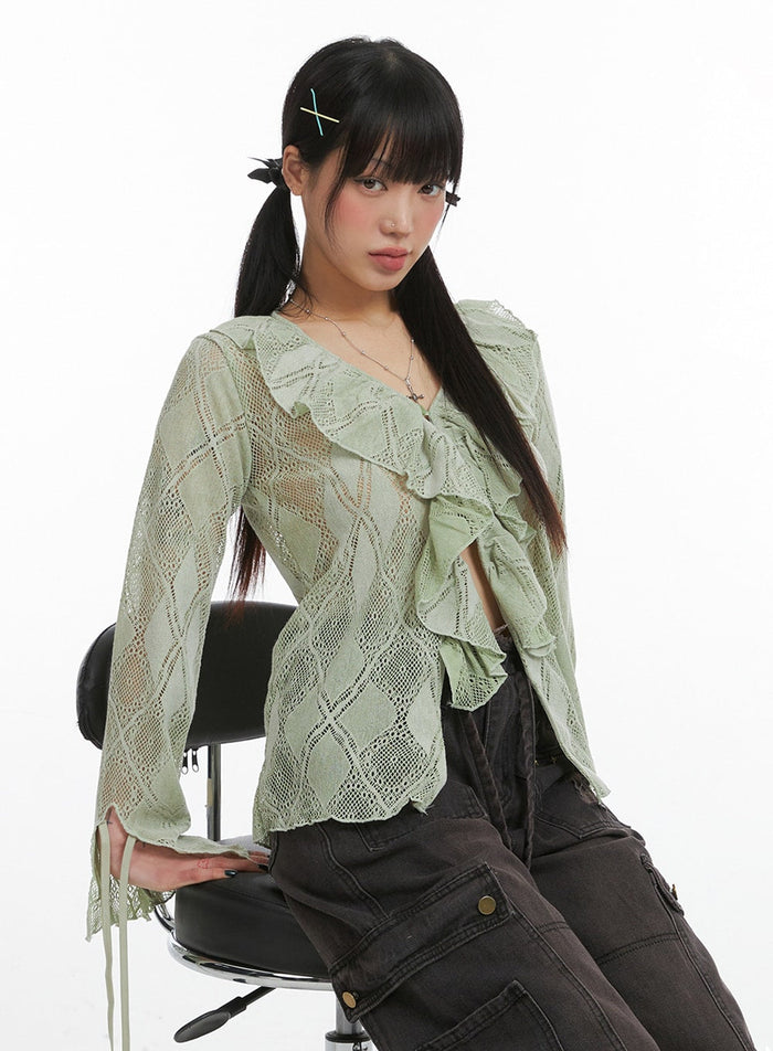 frill-hollow-out-knitted-cardigan-ij411 / Light green