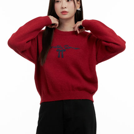 ribbon-knit-long-sleeve-sweater-on422 / Red