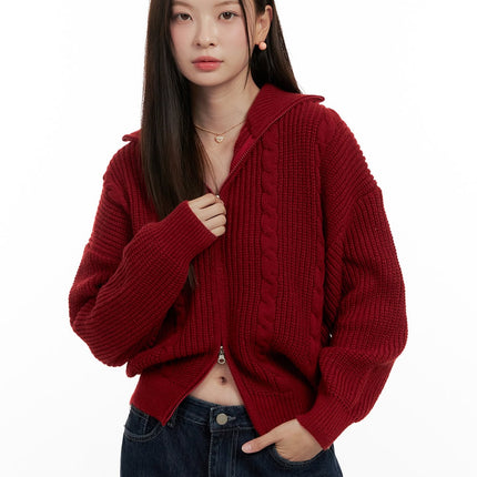 cable-knit-double-zip-cardigan-on422 / Red