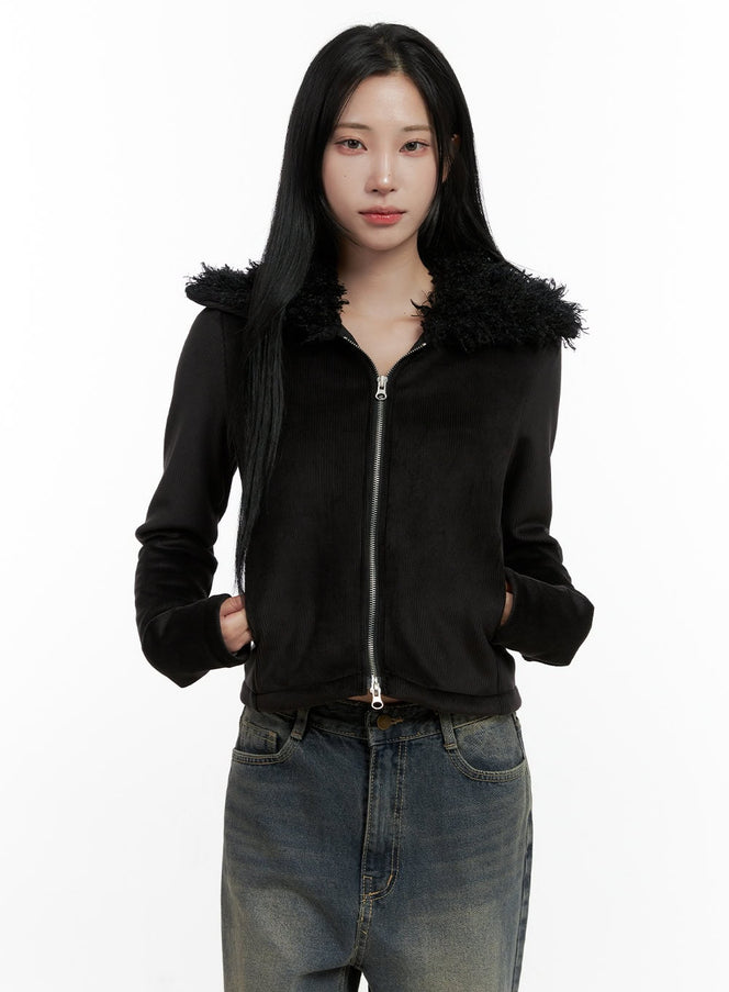 fuzzy-collared-slim-fit-zip-up-cn407 / Black