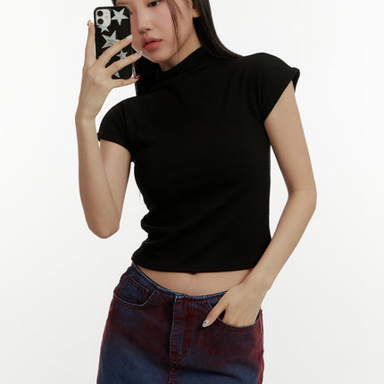 mock-neck-short-sleeve-crop-tee-cy408 / Black