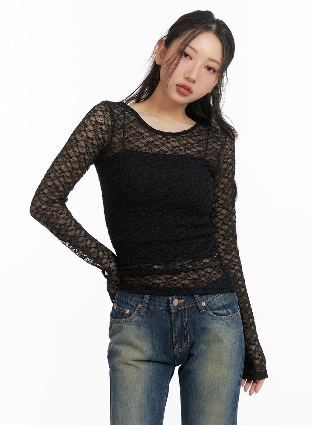 round-neck-sheer-lace-top-cm426 / Black