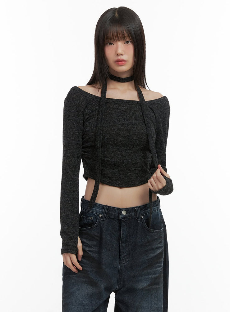 shirred-cropped-long-sleeve-top-with-choker-set-co410 / Black