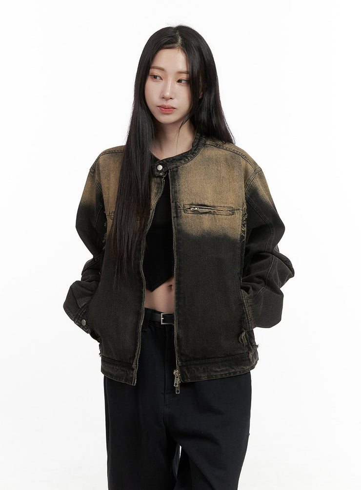 oversize-washed-denim-zip-up-jacket-cs430 / Black