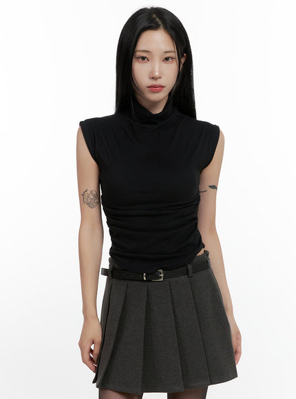 shirred-turtleneck-sleeveless-top-cn407 / Black