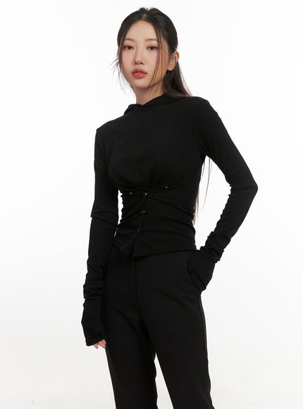 buttoned-slim-fit-hooded-top-cn426 / Black