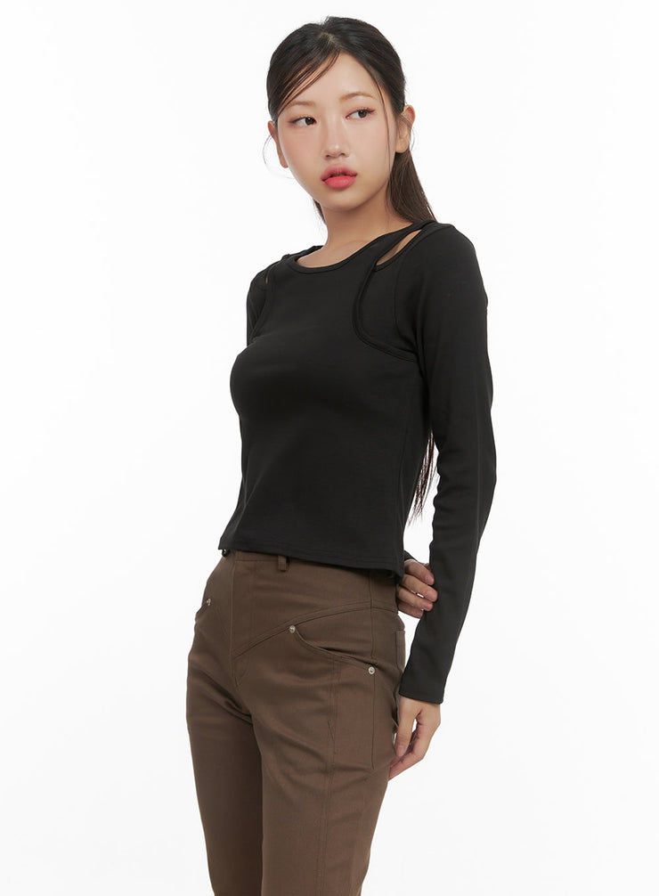 layered-cutout-long-sleeve-top-cs405 / Black