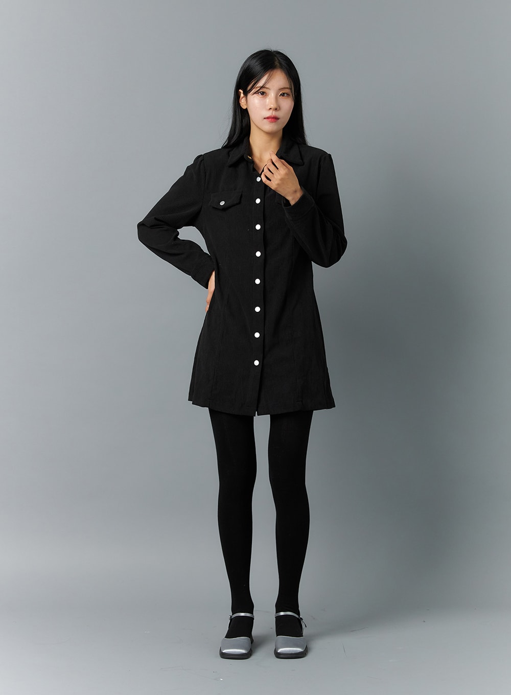 corduroy-button-mini-dress-on316 / Black