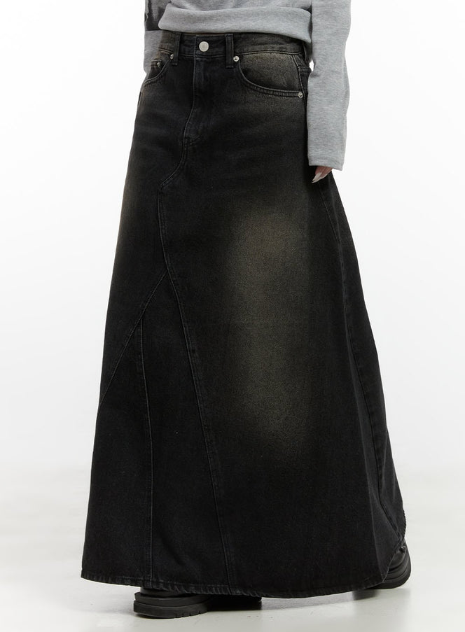 classic-washed-denim-maxi-skirt-cs425 / Black