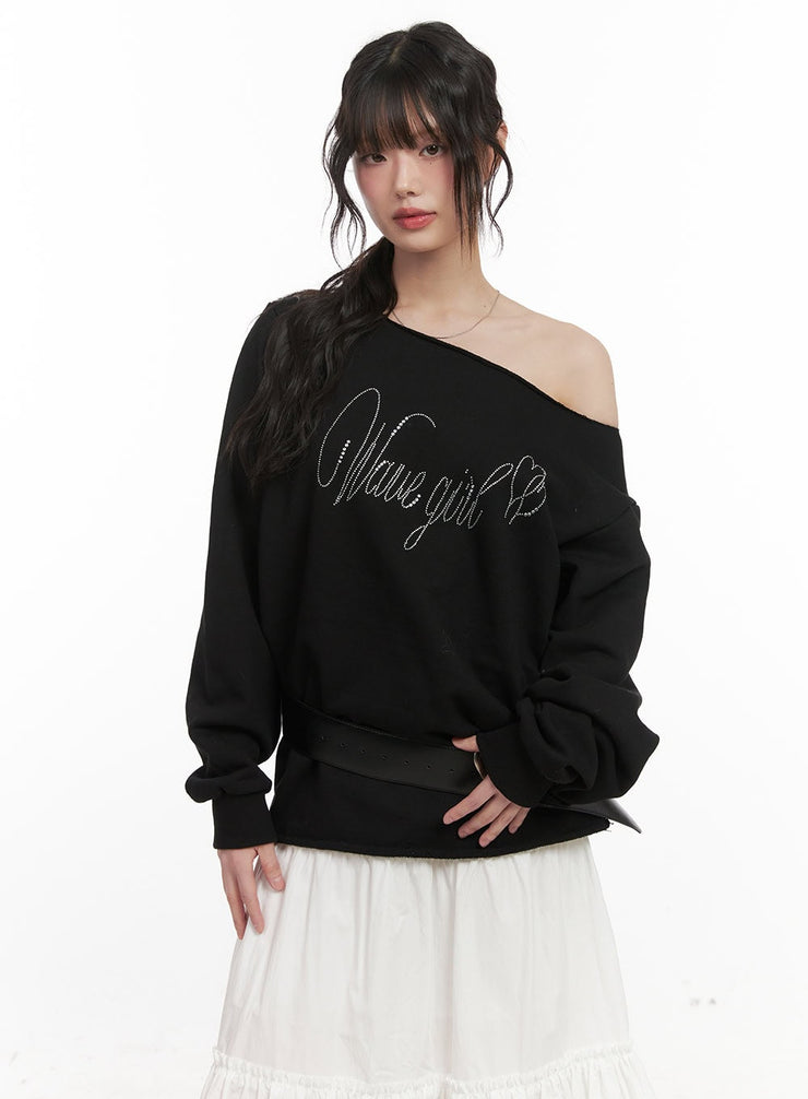 Chic One-Shoulder Studded Sweatshirt CJ523