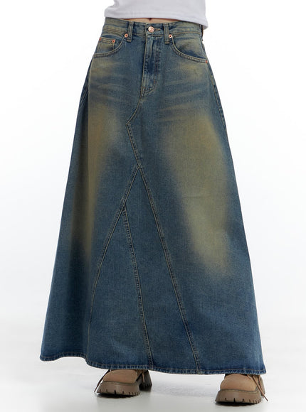 tailored-stitch-detail-denim-maxi-skirt-cs420 / Blue