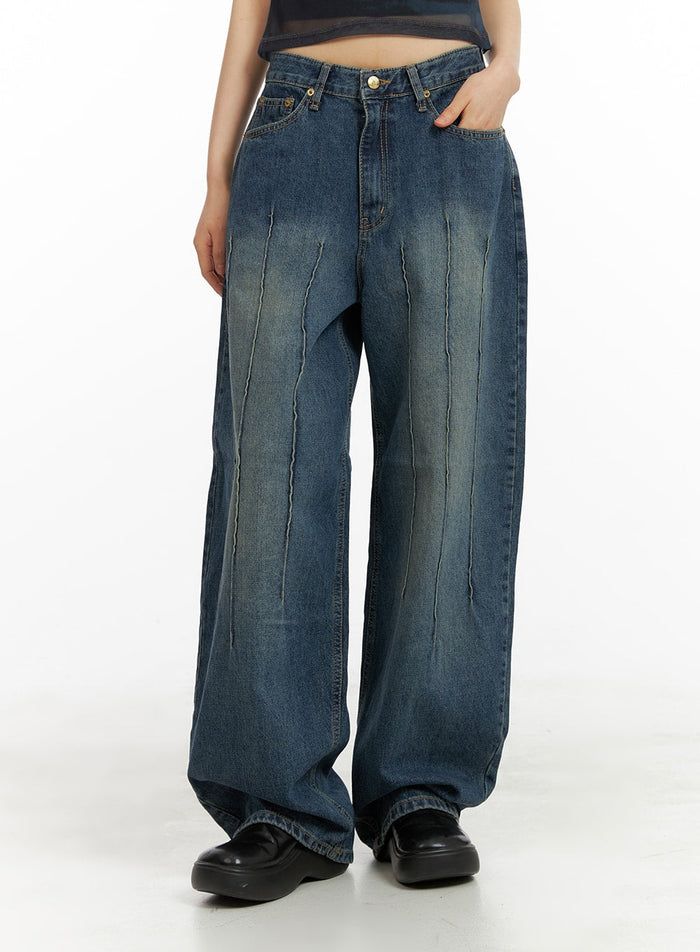 stitched-detail-slim-fit-baggy-jeans-ca412 / Dark blue