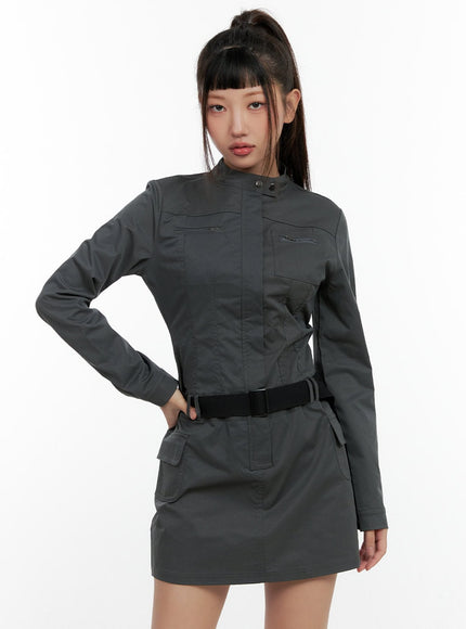 half-zip-up-belt-mini-dress-cn404 / Gray