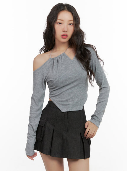 unbalanced-shoulder-chain-long-sleeve-cg423 / Gray