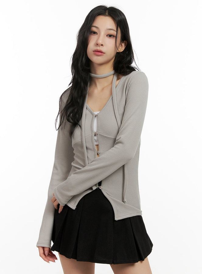 buttoned-v-neck-slim-fit-cardigan-cn416 / Gray